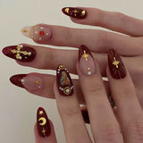 Taooba Christmas nail 2024 New Ramadan Style False Nails with Gold Moon Star Design Almond Red French Fake Nail Patch Full Cover Detachable Manicure