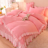 Taooba Christmas Gift Pink Princess Girls Ruffle Lace Bedding Sets Luxury Quilt Cover Bed Sheet and Pillowcases Soft Bedclothes Decor Home