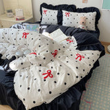 Taooba Korean version the butterfly knot towel embroidered quilt cover washed cotton black lace four-piece bedding set girly student