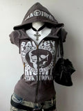 Taooba party outfit  Women's Zip-up Hoodie Retro Hip hop Graffiti Print Hooded 2000s Clothes Sweatshirts Aesthetic Y2k Goth Streetwear Female Grunge