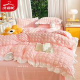 Taooba Luxury Seersucker Washed Cotton Bedding Set INS Girls Princess Bedding Set with Lace Solid color Bedclothes Sheets Pillowcase