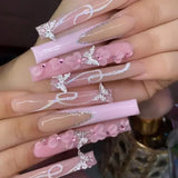 Taooba Christmas nail 24Pcs Long Ballet French False Nails Pink Butterfly Flower with Rhinestones Wearable Fake Nails Gradient Press on Nail Tips Art