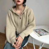 Taooba Christmas Gift outfit   Hooded Knitted Cardigan Women Fashion Cropped Sweater Outerwears Winter Streetwear Knitwear Korean Long Sleeve Jumpers New