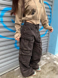 Taooba New Harajuku Streetwear Y2K Trousers Trendy Retro Multi-Pocket Baggy Jeans Women Vintage Casual Straight Leg Wide Leg Overalls