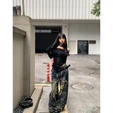 Taooba party outfit  Women's Blue Gothic Y2k Cargo Jeans Harajuku 2000s Trashy Ripped Denim Trousers Streetwear Baggy Jean Pants Vintage Emo Clothes