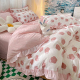 Taooba-Lovely Princess Flower Print Ruffles Bedding Set 100% Cotton Cute Girls Duvet Cover Set with Bed Sheet Kawaii Bedding Sets Soft