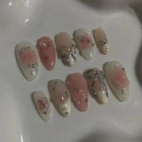 Taooba 24Pcs Press on Nails Almond False Nails 3D Curves Acrylic Pink Green Flowers Fake Nails with Charms Wearable Artificial Nails