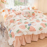 Taooba-Kawaii Rainbow Bedding Set Cotton Twin Full Queen Size Strawberry Flower Hearts Cute Fitted Bed Sheet Pillowcases Duvet Cover