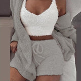 Taooba Christmas Gift outfit  Autumn Velvet Three Piece Suit Outfits Sexy Women White Matching Set Crop Top And Shorts Lounge Home Wear Pijama Oversize Winter