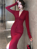 Taooba  party look inspos 2024 Autumn New French Vintage Dress Women Long Sleeve V Neck Vent Slim Vestidos Largos Elegant Female Chic Bud Sexy Party Dress