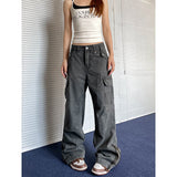 Taooba party outfit  Gray Baggy Straight Jeans Women Korean Fashion Streetwear High Waist Wide Leg Denim Pants Female Loose Mopping Jean Trouser Y2K