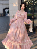 Taooba  party look inspos Elegant Sweet Pink Print Midi Dresses for Women Flower Square Collar Lantern Sleeve Lace Patchwork Long Dress Autumn Party Robe