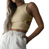 Taooba-2023 Summer Tops Women y2k Aesthetic Side Hollow Out Knitted Tanks Solid Color Sleeveless Sweat Shirt Basic Clothes Streetwear