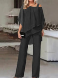 Taooba- Luxurious Asymmetric Off The Shoulder Blouse & Pants Set