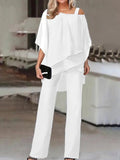 Taooba- Luxurious Asymmetric Off The Shoulder Blouse & Pants Set