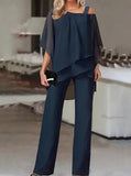 Taooba- Luxurious Asymmetric Off The Shoulder Blouse & Pants Set