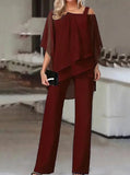 Taooba- Luxurious Asymmetric Off The Shoulder Blouse & Pants Set