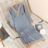 Taooba-Spring New Satin Long Nightdress Women Sleepwear Lace Nightwear Silky Sleep Dress Home Dressing Gown Soft Intimate Lingerie