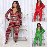 Taooba-Print Christmas Sleepwear 1 Piece Pajama For Adult Women Fall Fashion Casual Long Sleeve Trousers Hooded Jumpsuit Homewear