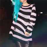 Taooba-Women Y2K Striped Oversized Sweater Pullovers Ripped Punk Gothic Grunge Long Sweaters Harajuku Aesthetics Jumpers Tops