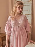 Taooba Vintage Cotton Women's Long Nightgowns Spring Summer Half Sleeve V- Neck Princess Holiday Elegant Night Dress Home Sleepwear