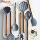 Taooba-2020 Kitchen Utensils Silica Gel Cooking Spoon Leaky Spoon Acacia Wood Spatula Wooden Handle Silicone Kitchenware Set Spatula