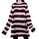 Taooba-Women Y2K Striped Oversized Sweater Pullovers Ripped Punk Gothic Grunge Long Sweaters Harajuku Aesthetics Jumpers Tops