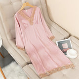 Taooba-Spring New Satin Long Nightdress Women Sleepwear Lace Nightwear Silky Sleep Dress Home Dressing Gown Soft Intimate Lingerie