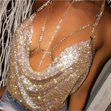 Taooba-2020 Women Elegant Sexy Shiny Metal Texture Suspender Top Club Backless Bralette Beach Halter Gold Sequined Tank Top Camisole