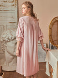 Taooba Vintage Cotton Women's Long Nightgowns Spring Summer Half Sleeve V- Neck Princess Holiday Elegant Night Dress Home Sleepwear