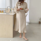 Taooba Christmas Gift Ruffles Sleep Dress Women Long Sleeve Kawaii Cherry Print Korean Sleepwear Homewear Long Dress Autumn Elegant Casual Loose A001