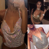 Taooba-2020 Women Elegant Sexy Shiny Metal Texture Suspender Top Club Backless Bralette Beach Halter Gold Sequined Tank Top Camisole