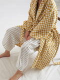 Taooba-Unisex Retro Checkerboard Cotton Bathrobe Women Casual Robe V Neck Soft Sleepwear Kimono Warm Bath Robes Coat Towel Homewear