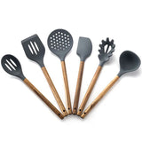 Taooba-2020 Kitchen Utensils Silica Gel Cooking Spoon Leaky Spoon Acacia Wood Spatula Wooden Handle Silicone Kitchenware Set Spatula