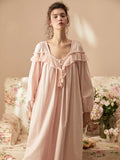 Taooba Spring Autumn Gorgeous Long Nightgowns For Women Delicate Solid Color Elegant Cotton Sleepwear Home Long Dress