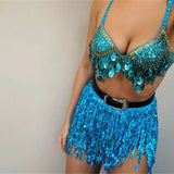 Taooba-Women Sequin Tassel Mini Skirt Belly Dance Hip Scarf Wrap Skirts Sparkly Rave Fringe Party Dance Performance Costume