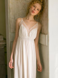 Taooba Sexy V-neck White Lace Nightgowns Women's  Sleeveless Sleepwear Loose Viscose Night Dress