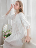 Taooba Vintage Cotton Women's Long Nightgowns Spring Summer Half Sleeve V- Neck Princess Holiday Elegant Night Dress Home Sleepwear