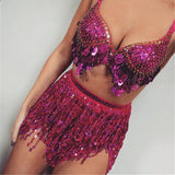 Taooba-Women Sequin Tassel Mini Skirt Belly Dance Hip Scarf Wrap Skirts Sparkly Rave Fringe Party Dance Performance Costume