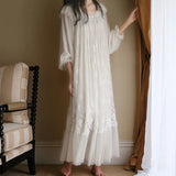 Taooba Vintage Embroidery White Lace Women's Long Nightgowns Retro Princess Long Sleeve Sleepwear Autumn Spring Holiday Dress