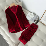 Gray Lace Trim 2PCS Sleepwear Women Velour Shirt&Pants Autumn New Pajamas Set Long Sleeve Sleep Set Velvet Pijamas Suit