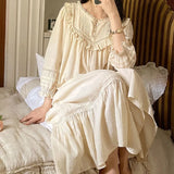 Taooba New Vintage Embroidery Cotton Long Nightgowns For Women  Long Sleeve Beige Elegant Nightshirts Comfortable Plus Size Night Dress