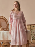 Taooba Vintage Cotton Women's Long Nightgowns Spring Summer Half Sleeve V- Neck Princess Holiday Elegant Night Dress Home Sleepwear