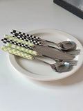 Ins Style Checkerboard Stainless Steel Knife, Fork And Spoon Ceramic Handle Steak Knife, Fork And Spoon Set Popular Tableware