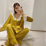 Taooba-V-neck Sleepwear Women 2PCS Pajamas Set Faux Silk Nightwear Casual Shirt&Pants Intimate Lingerie Soft Pijamas Lounge Wear