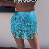 Taooba-Women Sequin Tassel Mini Skirt Belly Dance Hip Scarf Wrap Skirts Sparkly Rave Fringe Party Dance Performance Costume