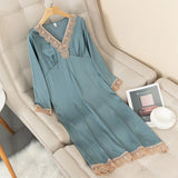 Taooba-Spring New Satin Long Nightdress Women Sleepwear Lace Nightwear Silky Sleep Dress Home Dressing Gown Soft Intimate Lingerie