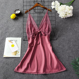 Taooba Women Sexy Silk Satin Night Gown Sleeveless Nightdress Lace Sleep Dress V-neck Nighties Night Shirt Fashion Sleepwear Nightwear