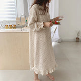 Taooba Christmas Gift Ruffles Sleep Dress Women Long Sleeve Kawaii Cherry Print Korean Sleepwear Homewear Long Dress Autumn Elegant Casual Loose A001