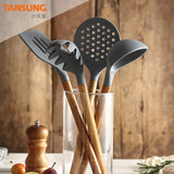 Taooba-2020 Kitchen Utensils Silica Gel Cooking Spoon Leaky Spoon Acacia Wood Spatula Wooden Handle Silicone Kitchenware Set Spatula